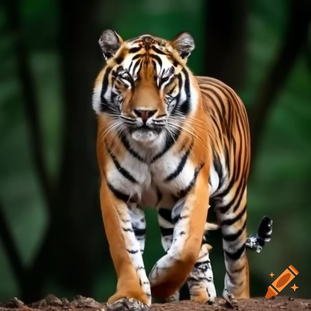 Photorealistic full-body image of a muscular tiger in savannah forest