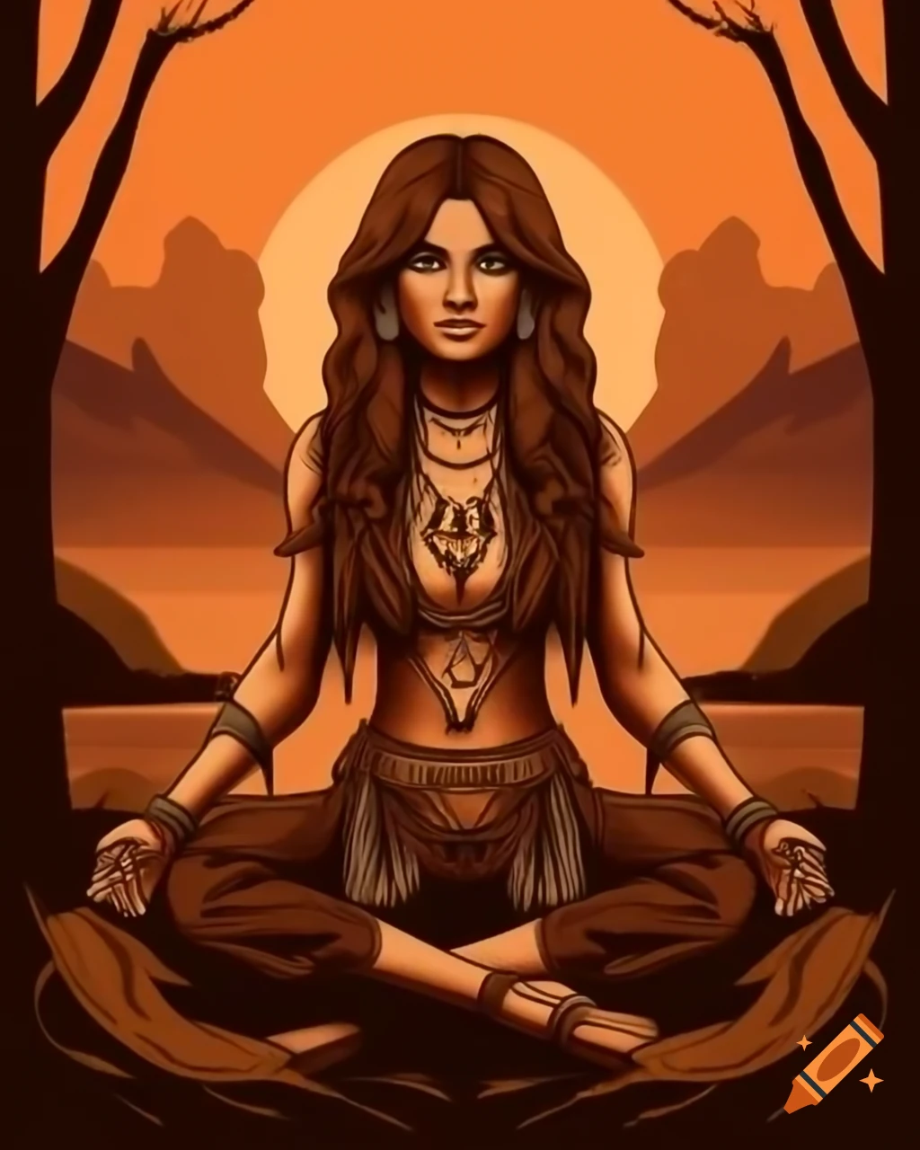 Brunette woman in hippie style with bohemian clothing and earthy accessories