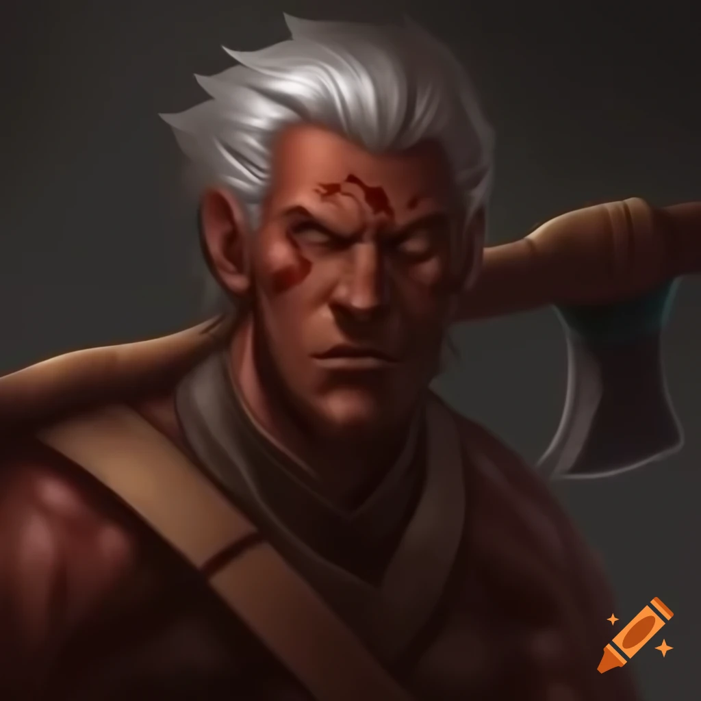 Epic drawing of a woodman with light hair, dark skin, and an axe