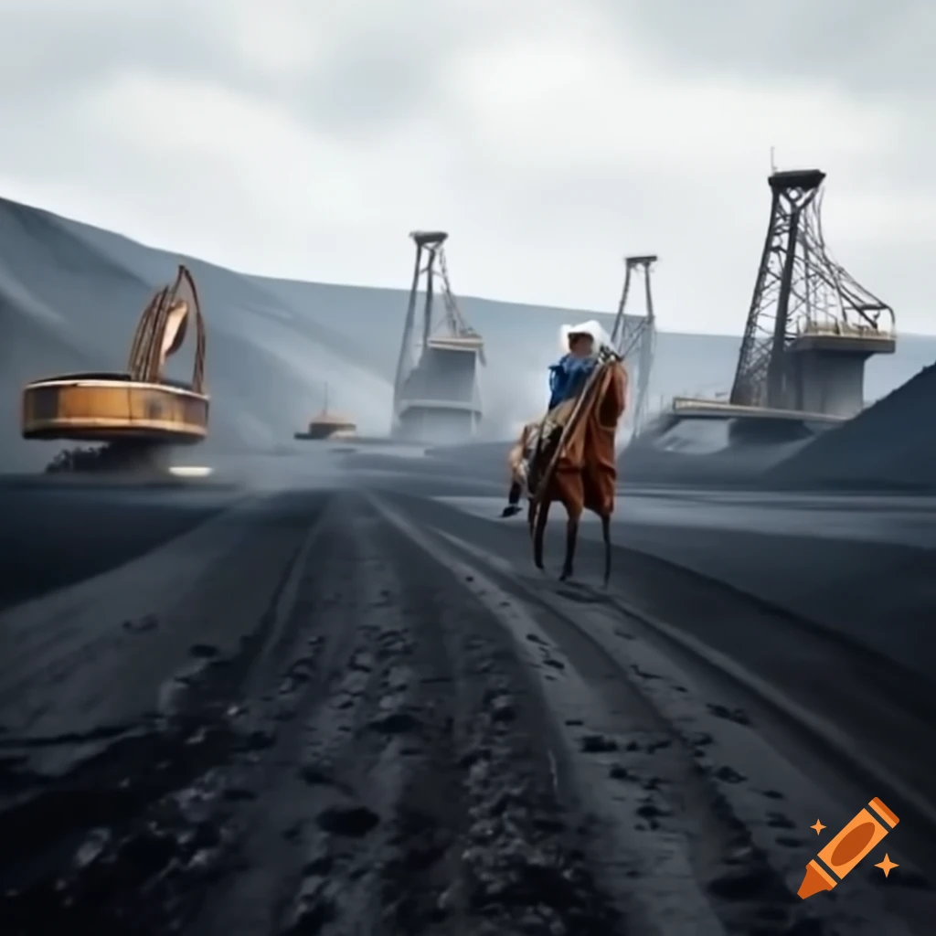 Cowboy riding horse in lignite mining landscape with excavators