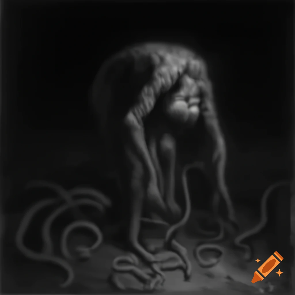 Eerie ink drawing of man with tentacle for a head at night, detailed style