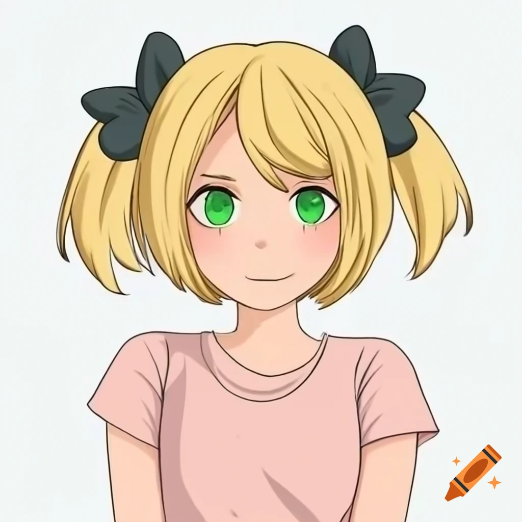 Anime-style girl with blonde hair and dark green eyes in pink t-shirt