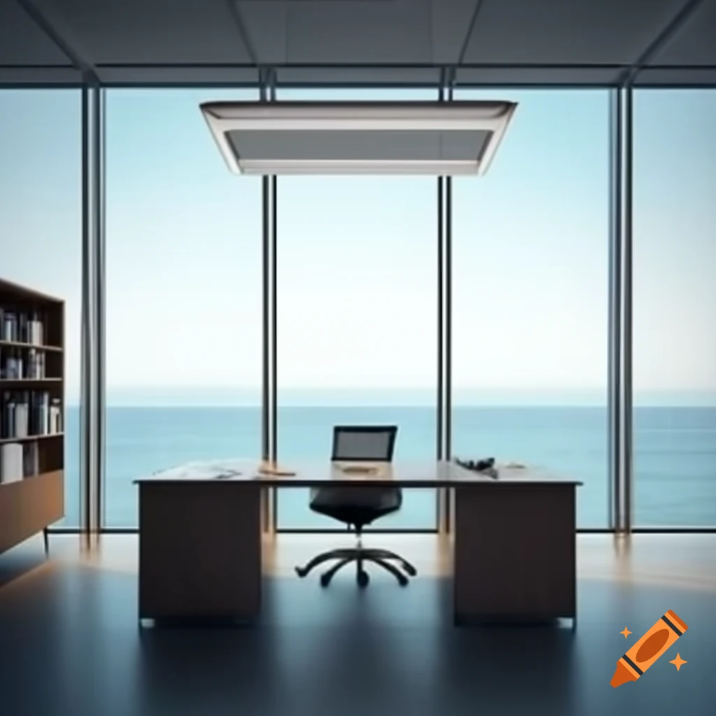 Office interior with light beige background and sea view