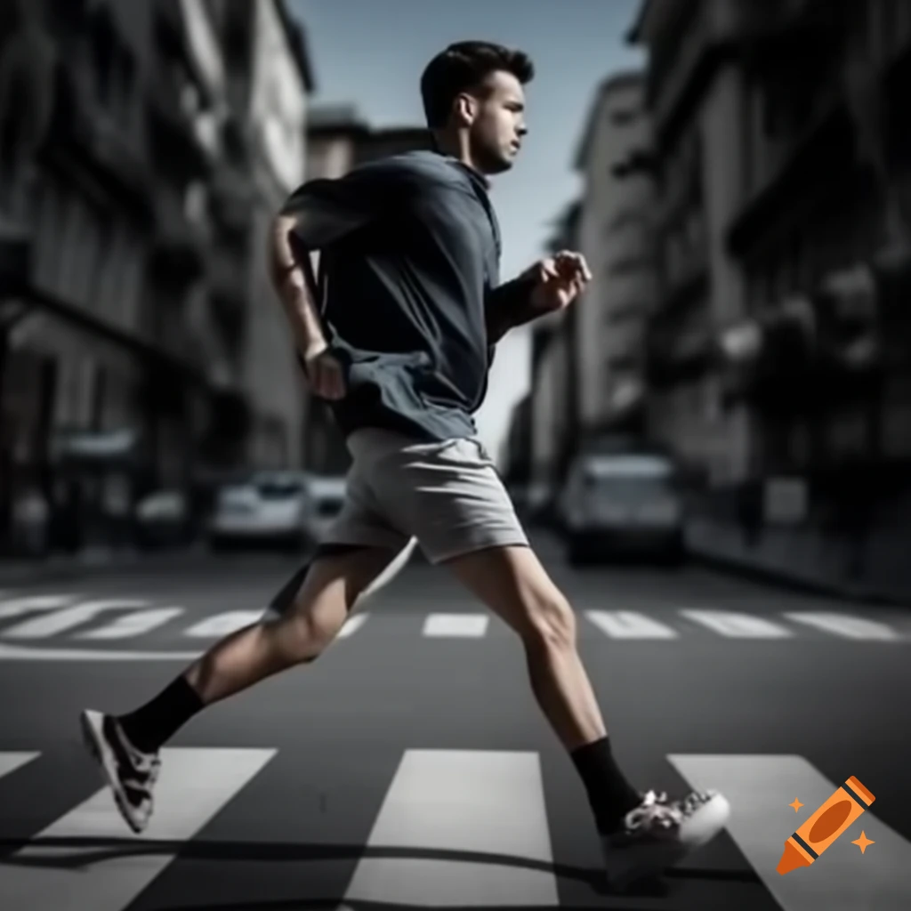 Athlete wearing analog watch running quickly on the street