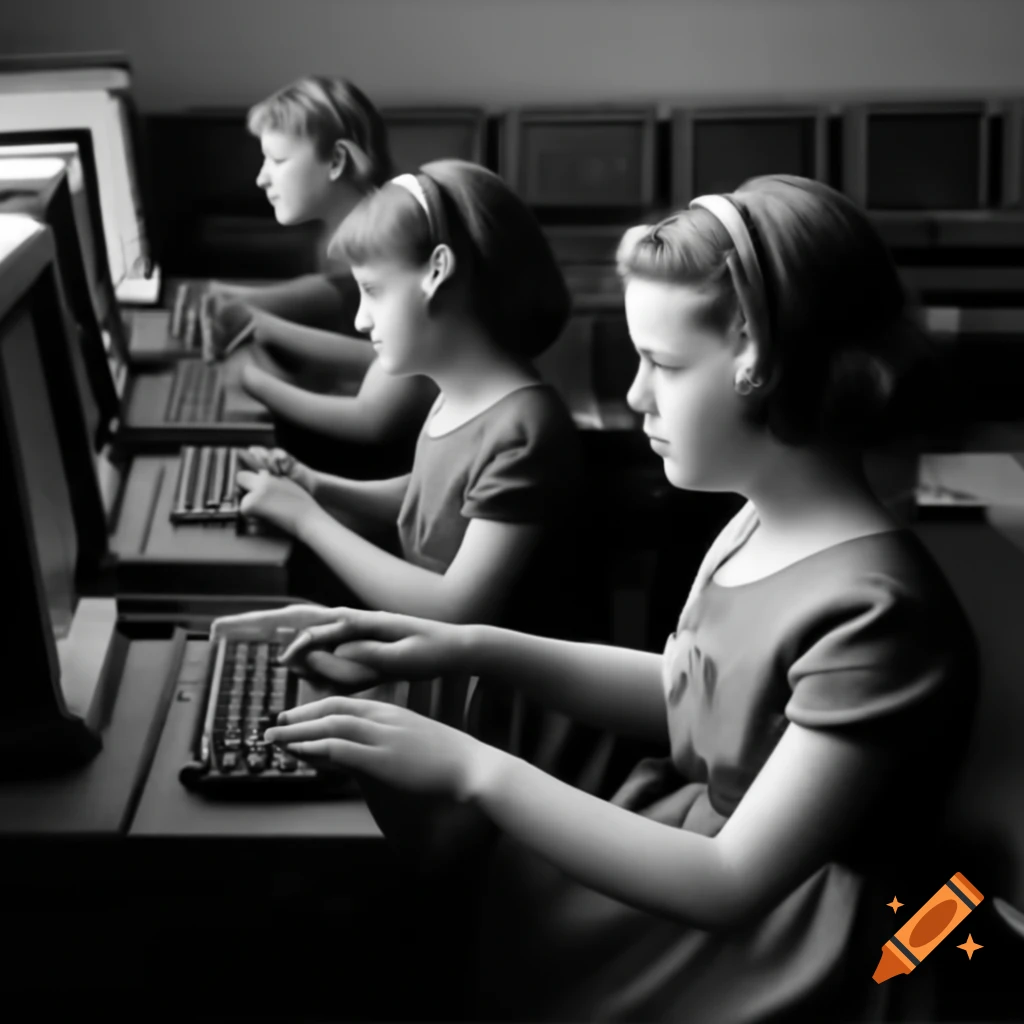 1920s girl using a computer monitor and typing on a keyboard