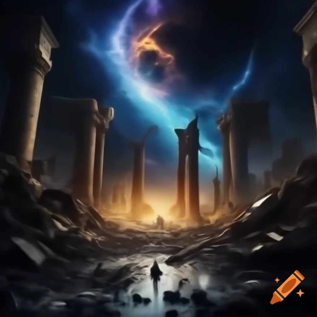 Surreal cosmic scene of aftermath with entities clashing in ruins