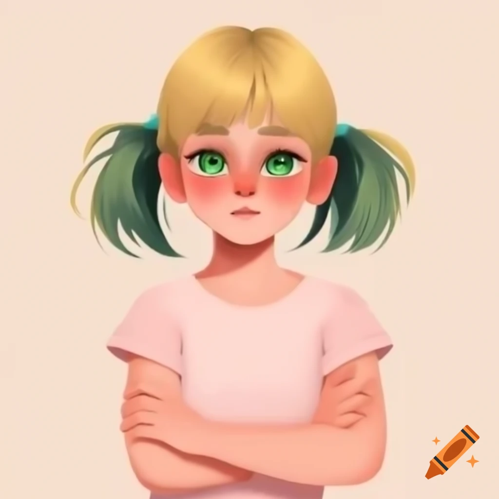 Anime-style girl with blonde hair and dark green eyes in pink sleeveless t-shirt