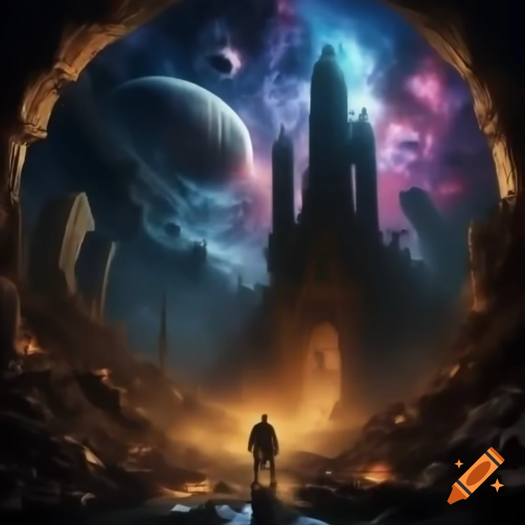 Surreal cosmic scene of aftermath with entities clashing in ruins