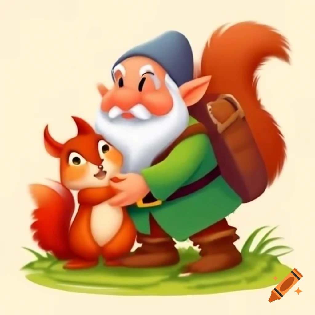 Cartoon dwarf cuddling with red squirrel