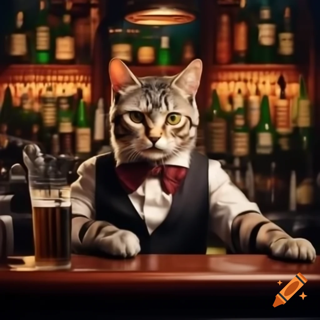 Cat bartender in bowtie serving drinks at a bar