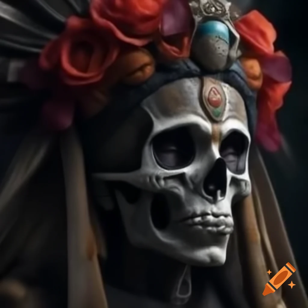 Hyper-realistic depiction of Santa Muerte with feathered headdress and Maya attire