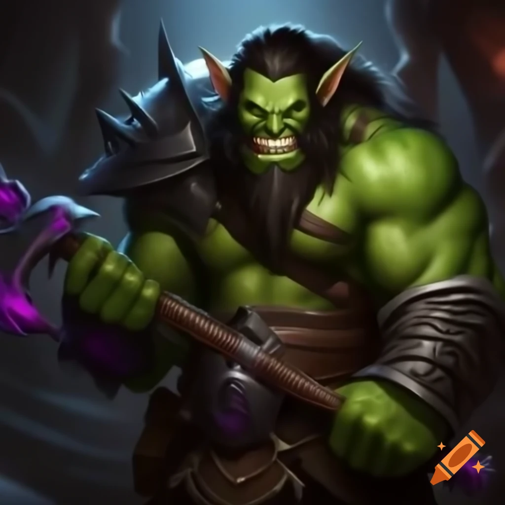 Half-orc barbarian with green skin and black hair wielding magical axe