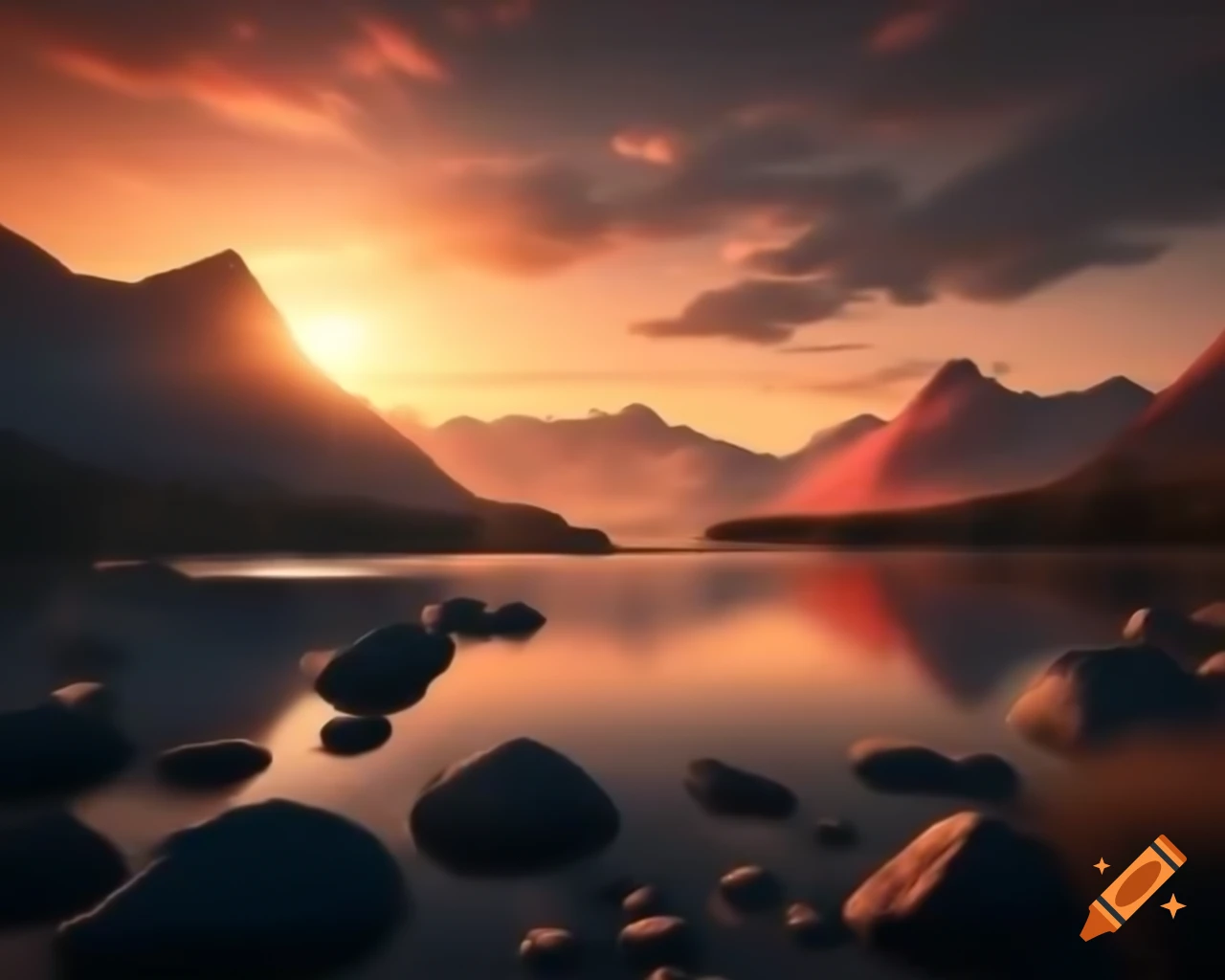 Photorealistic 3D render of mountain lake at sunset with island in background