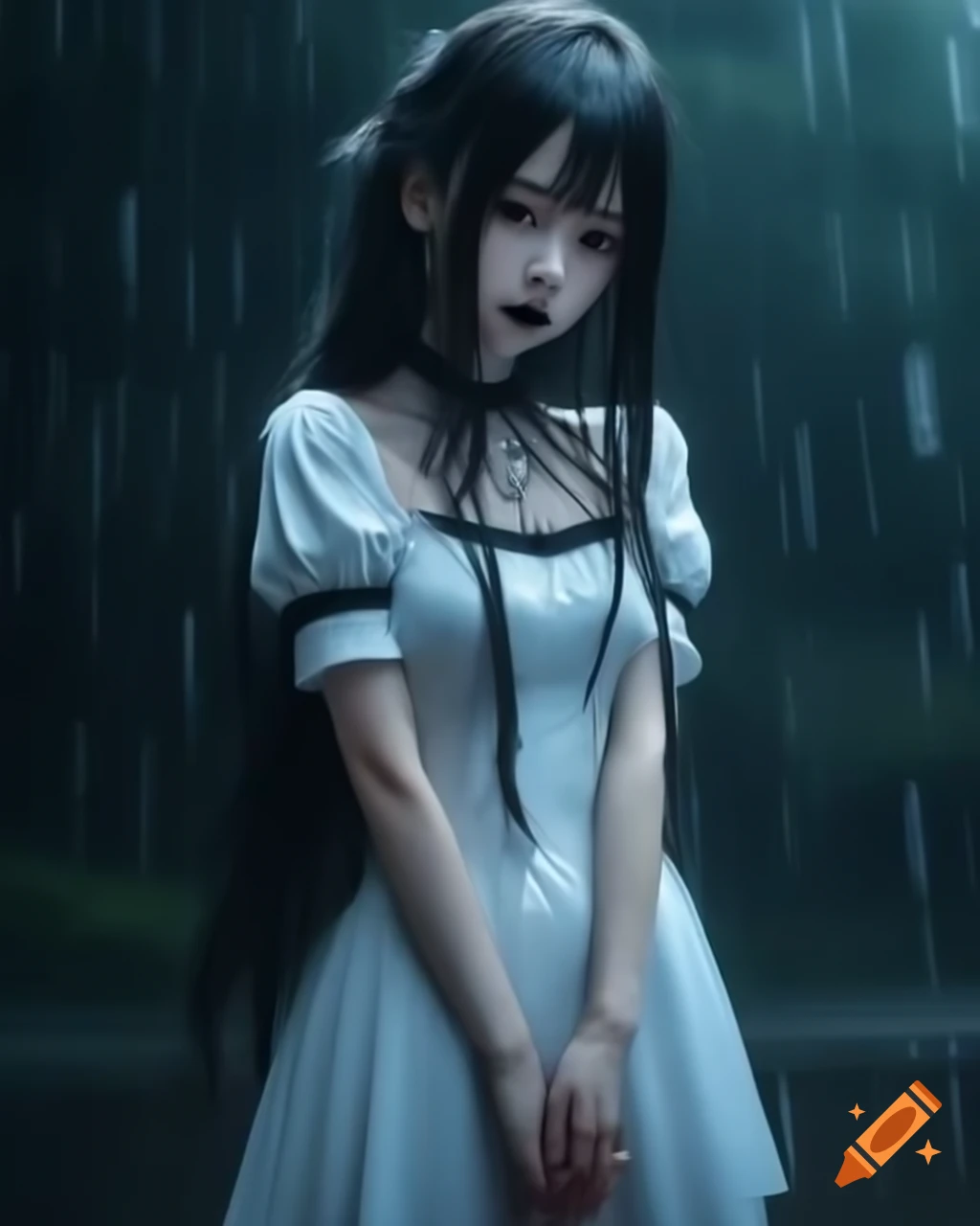 Goth anime woman in white dress standing in the rain, realistic style