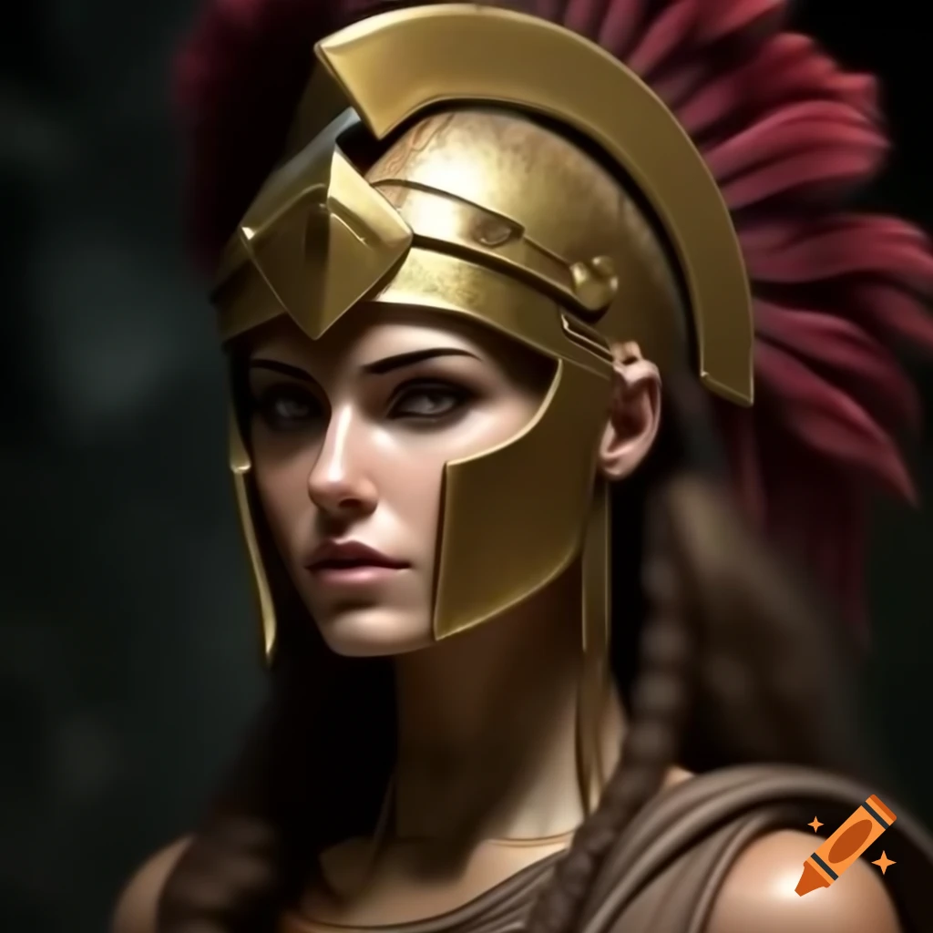 Realistic portrait of Athena, the Greek goddess of wisdom and war, wearing a golden helmet