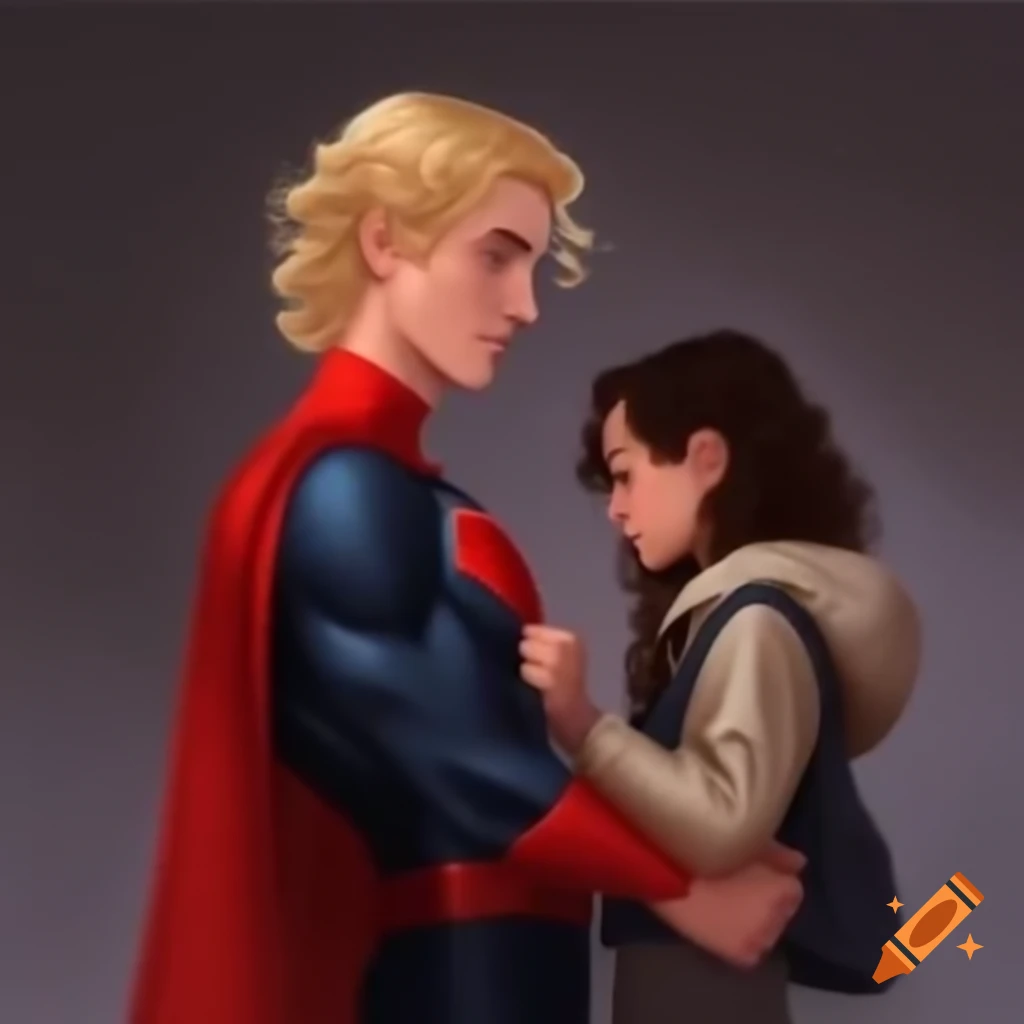 Handsome male superhero holding small woman with curly brunette hair