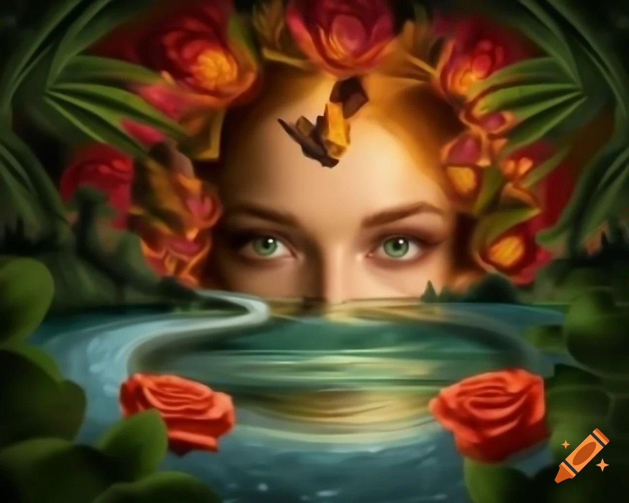 Woman of unimaginable beauty with golden flowing hair in a dreamlike setting