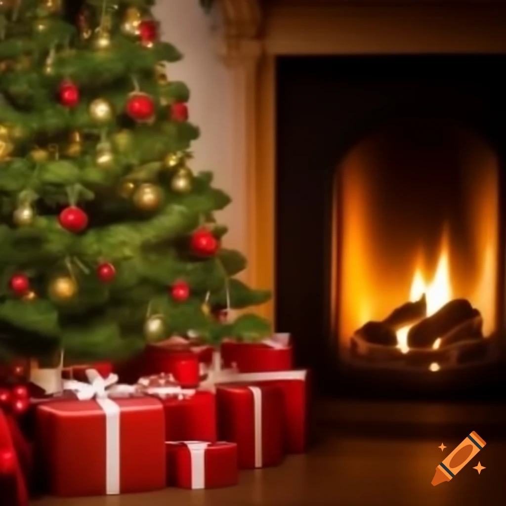 Christmas tree decorated beside a warm fireplace