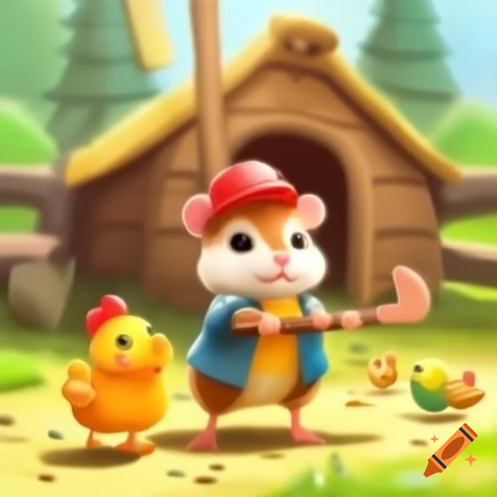 Hamster in hat and hen playing hockey near hut