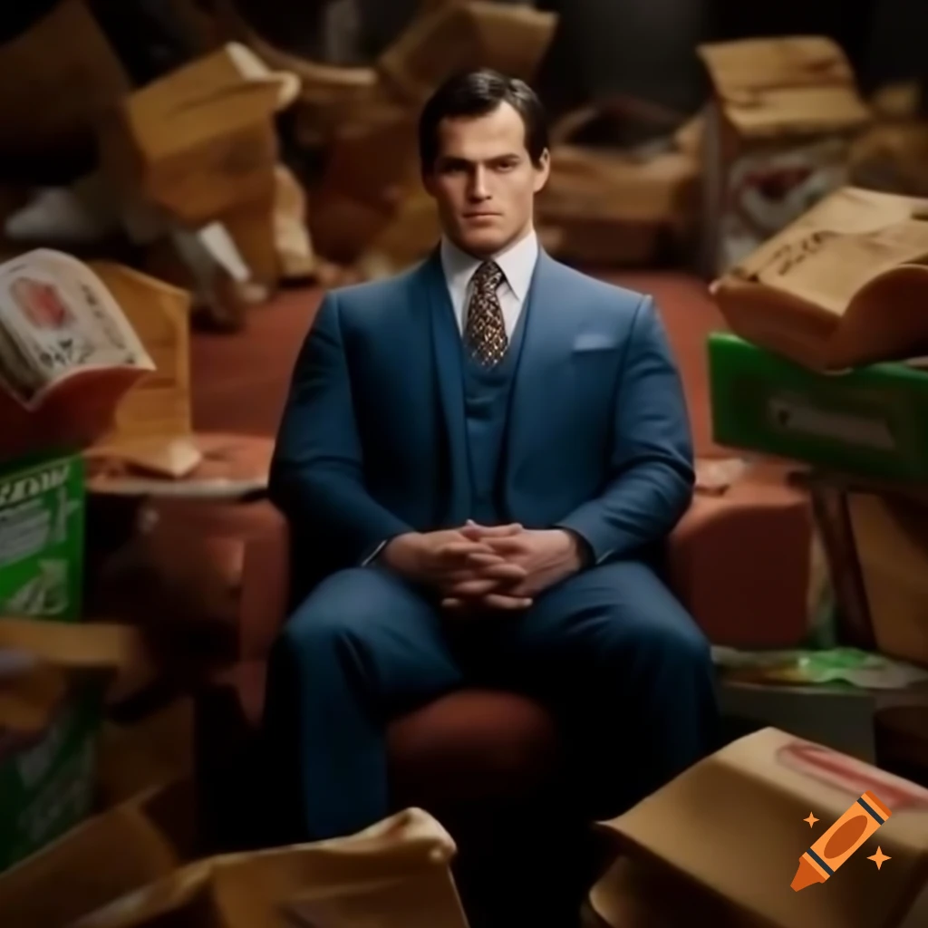 Actor Henry Cavill sitting with various junk food items