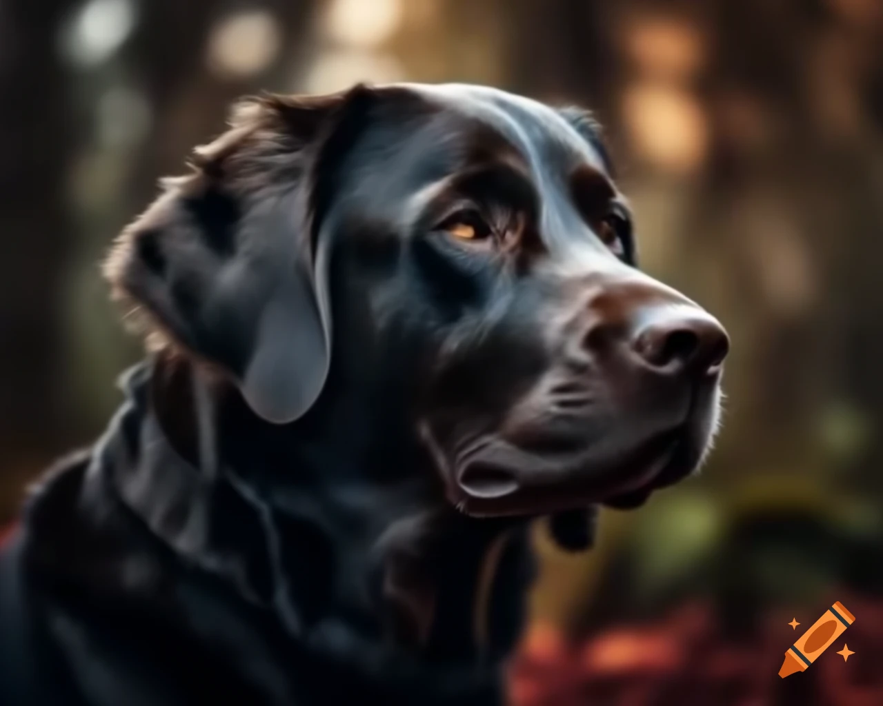 Hyperrealistic black Labrador Retriever in forest with trees and dark brown eyes