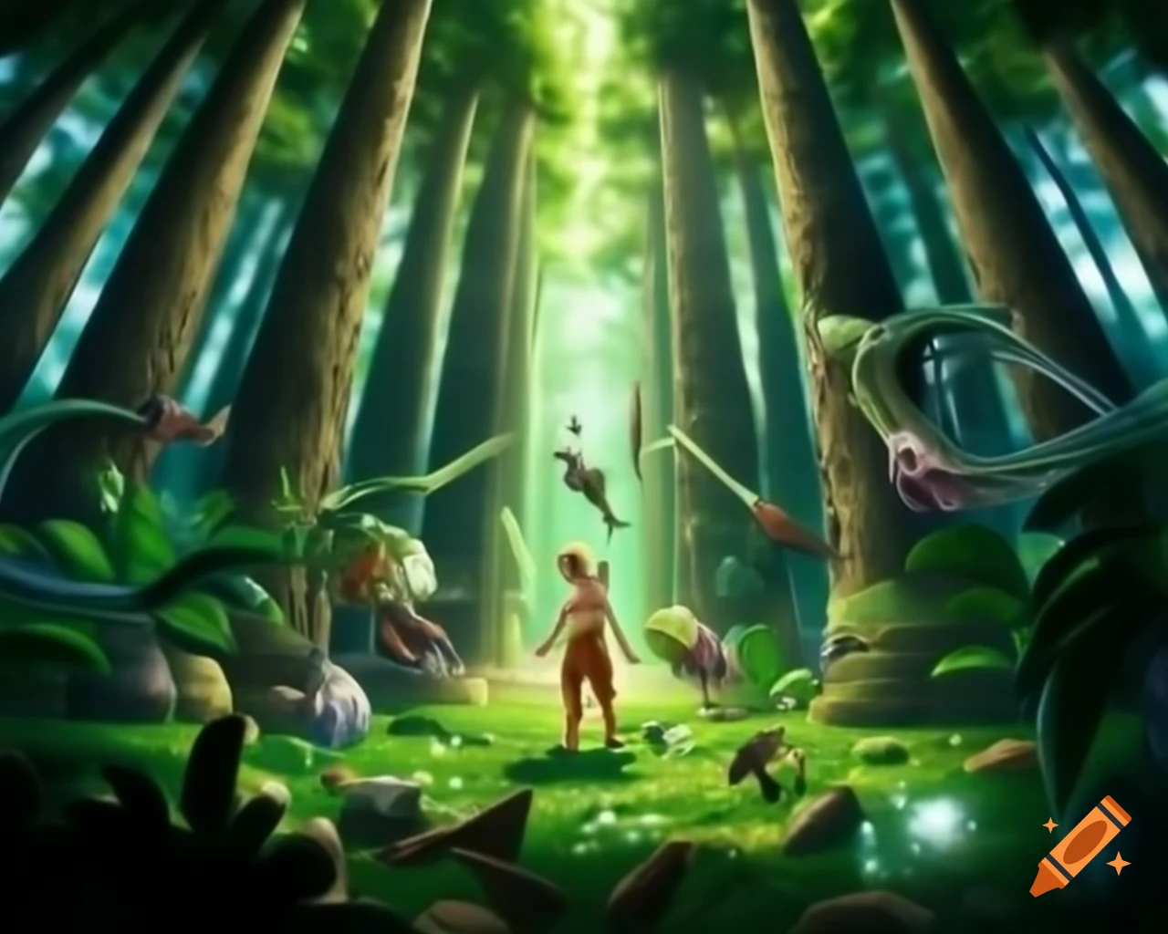 Dense forest with towering trees and vibrant plants reaching for sunlight