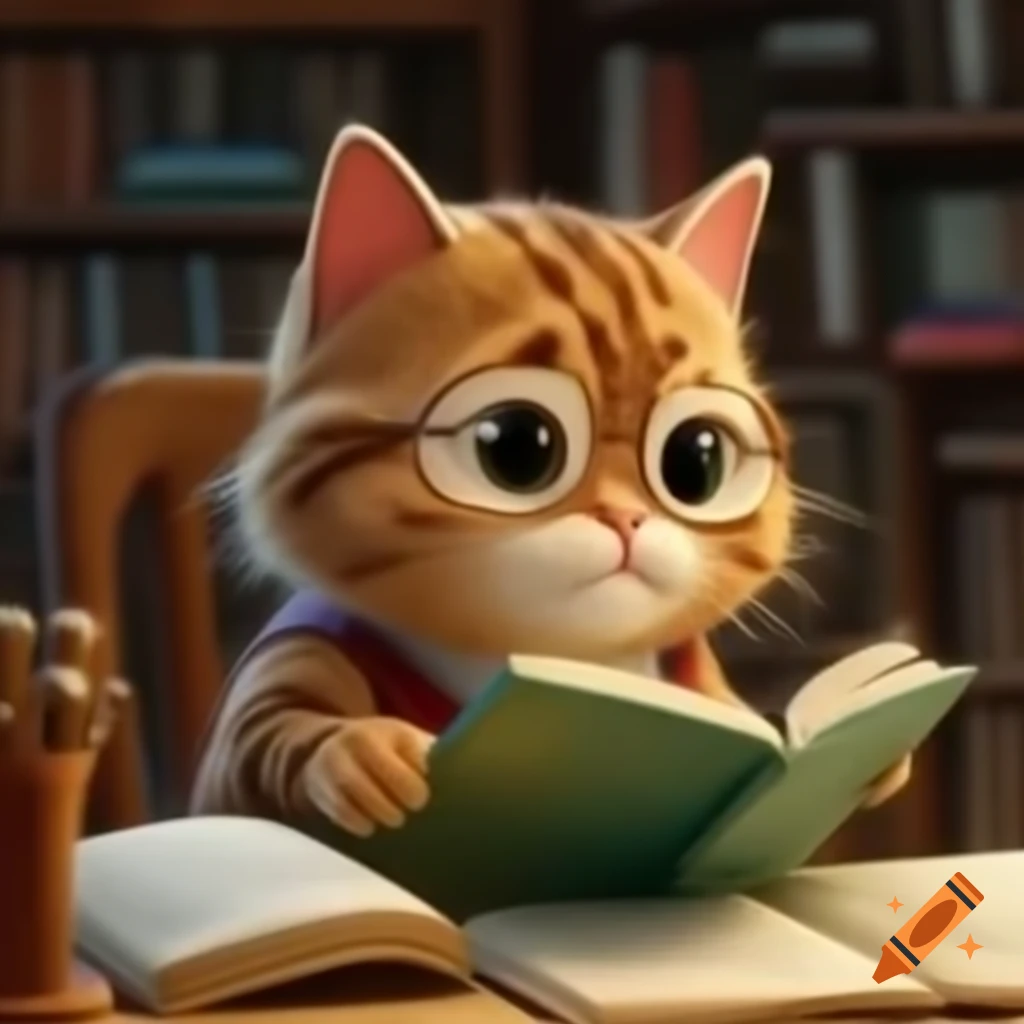 Cartoon tabby cat reading a book