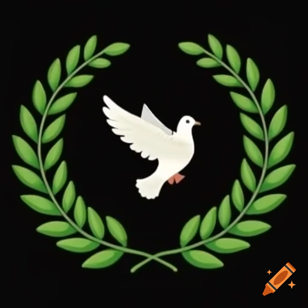 Cartoon green laurel wreath with dove on black background