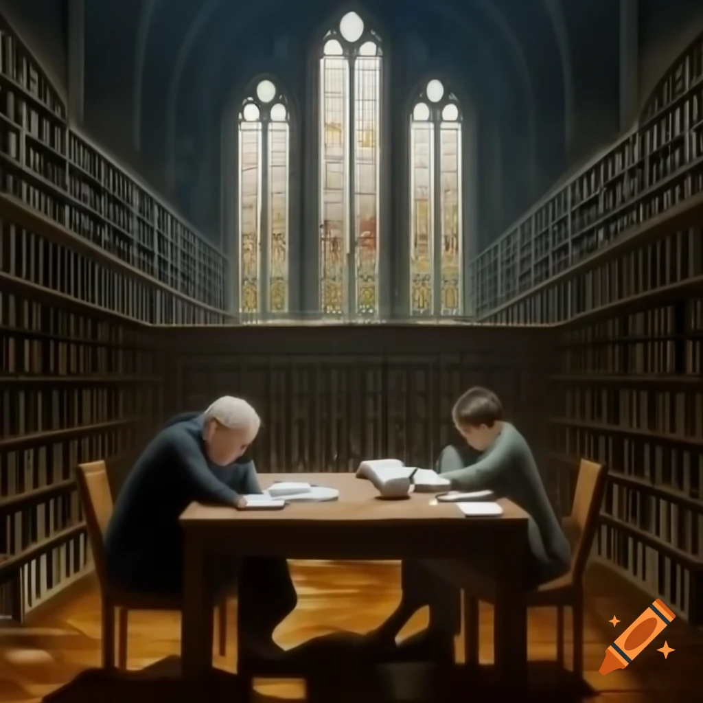 People at table in old library with stained glass and arching ceilings