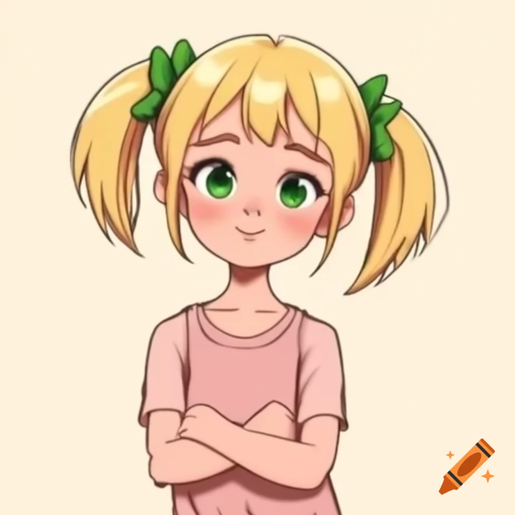 Anime girl with blonde hair and green eyes wearing pink t-shirt and crossed arms