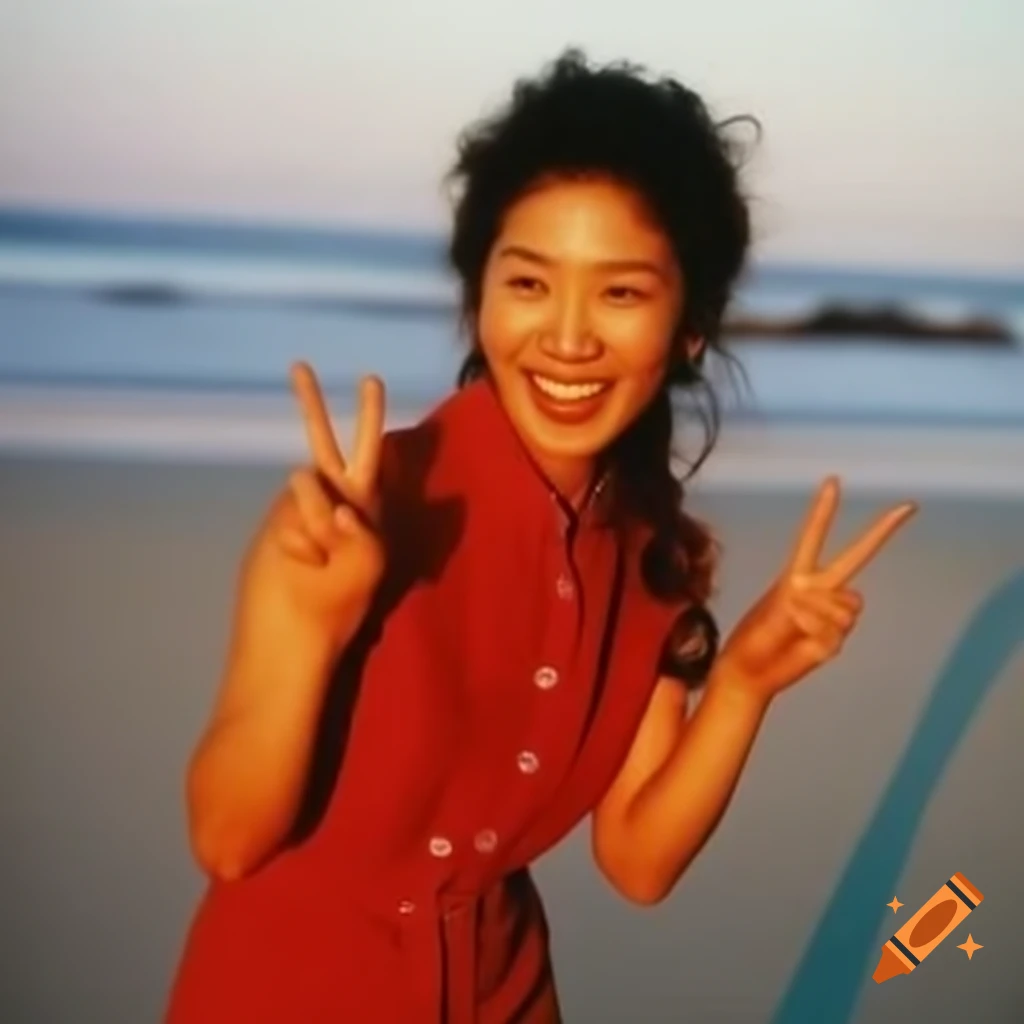 Mysterious Japanese idol actress in 1980 city pop fashion on palm beach making peace sign