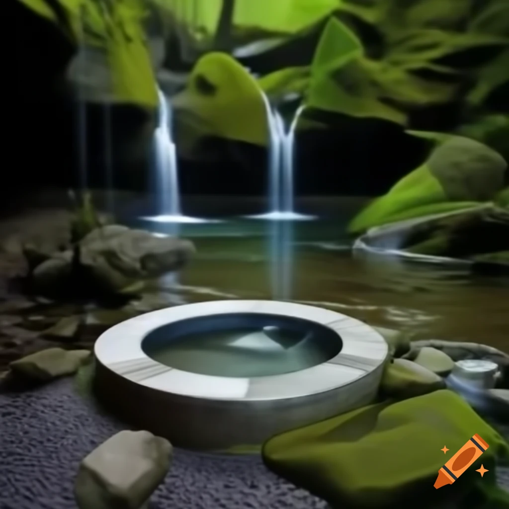Stone tub surrounded by rocks and waterfalls
