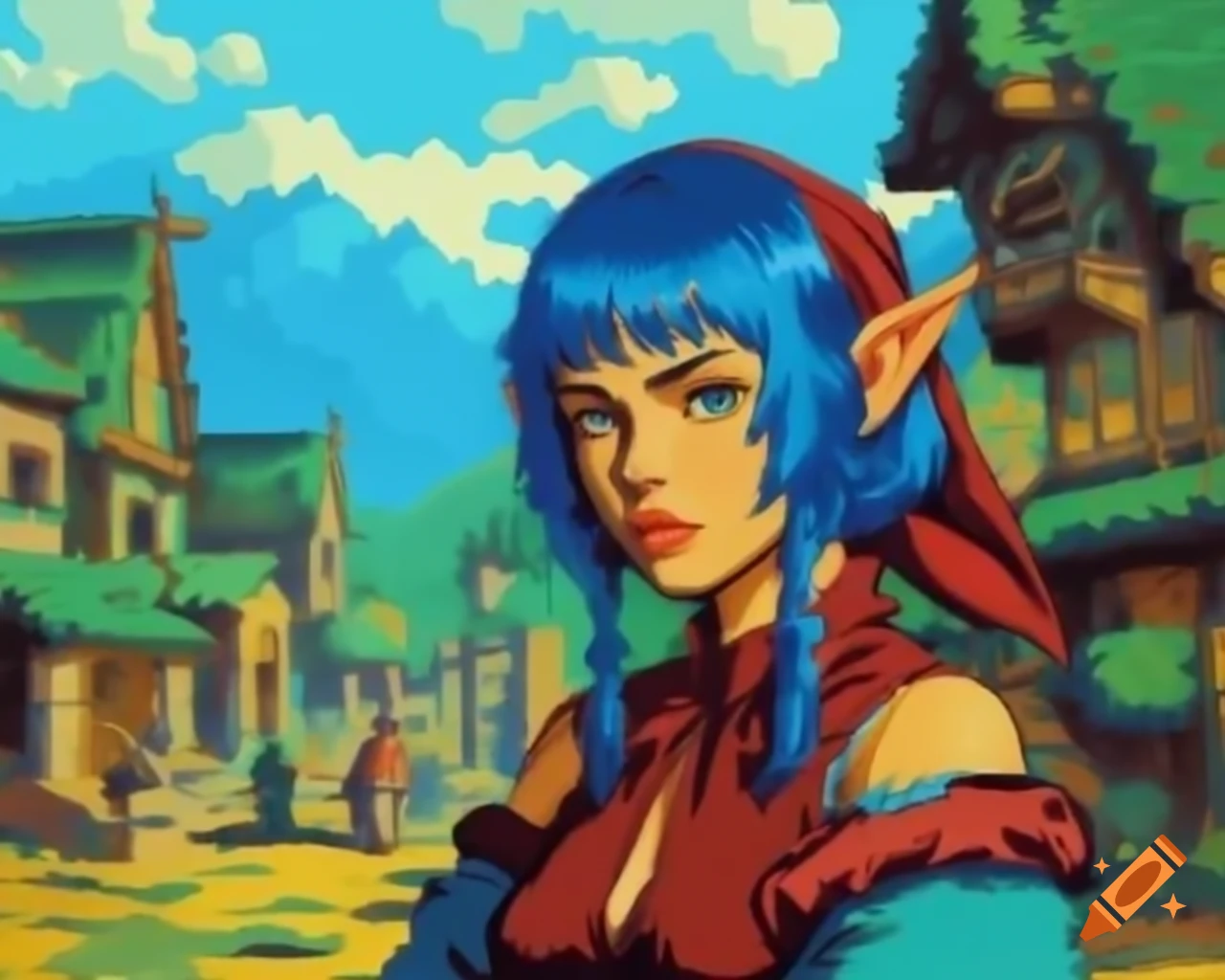 Retro pixel art portrait of blue-haired demi-elf in nomad village, 1990s style
