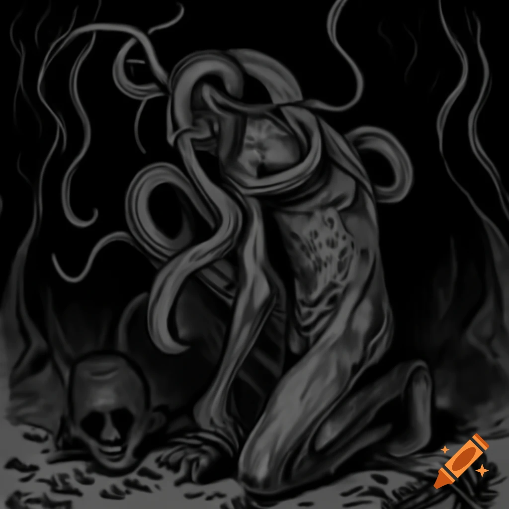 Eerie ink drawing of man with tentacle for a head at night, detailed style