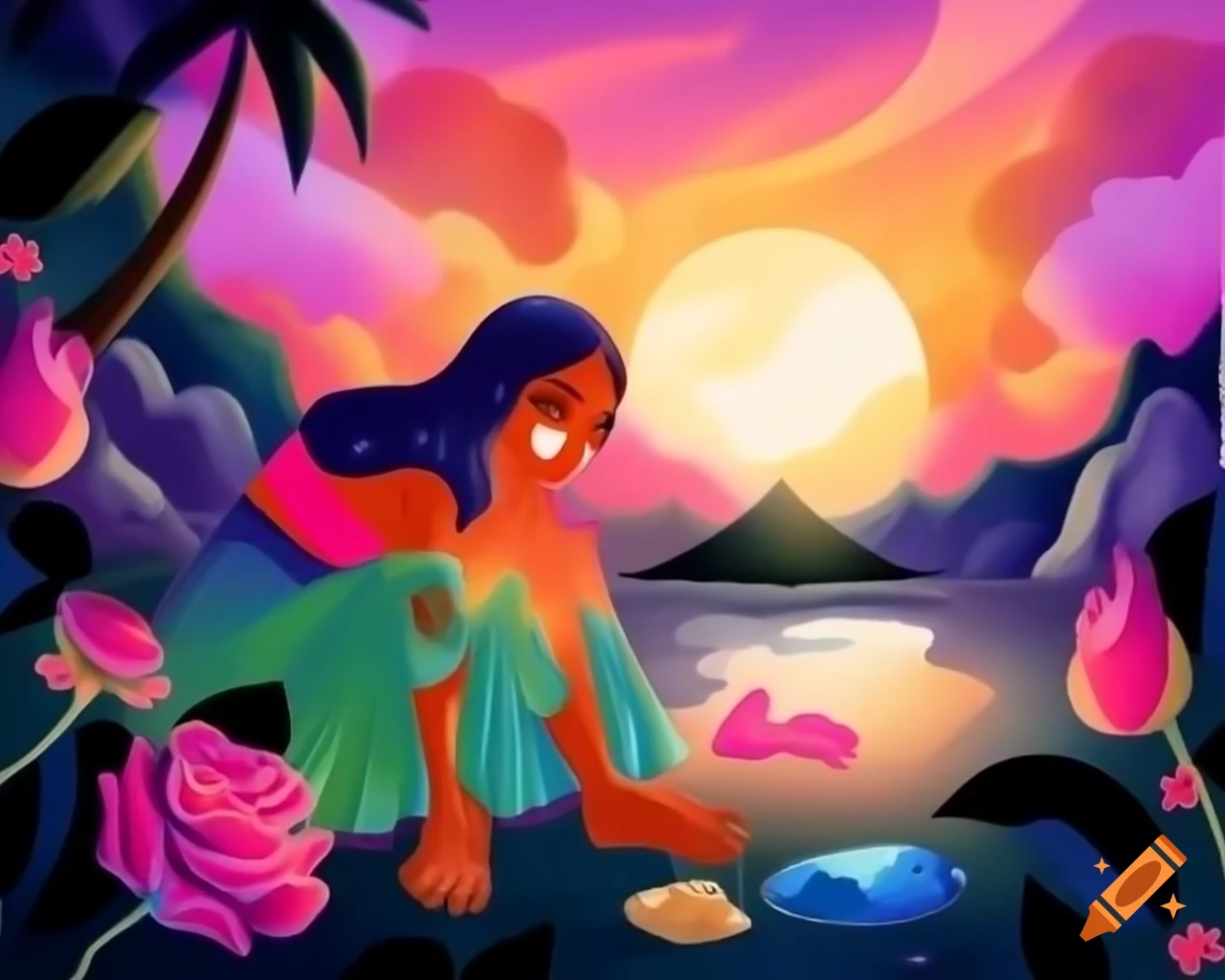 Surreal woman with vibrant wig and freckles in dreamlike landscape at sunset
