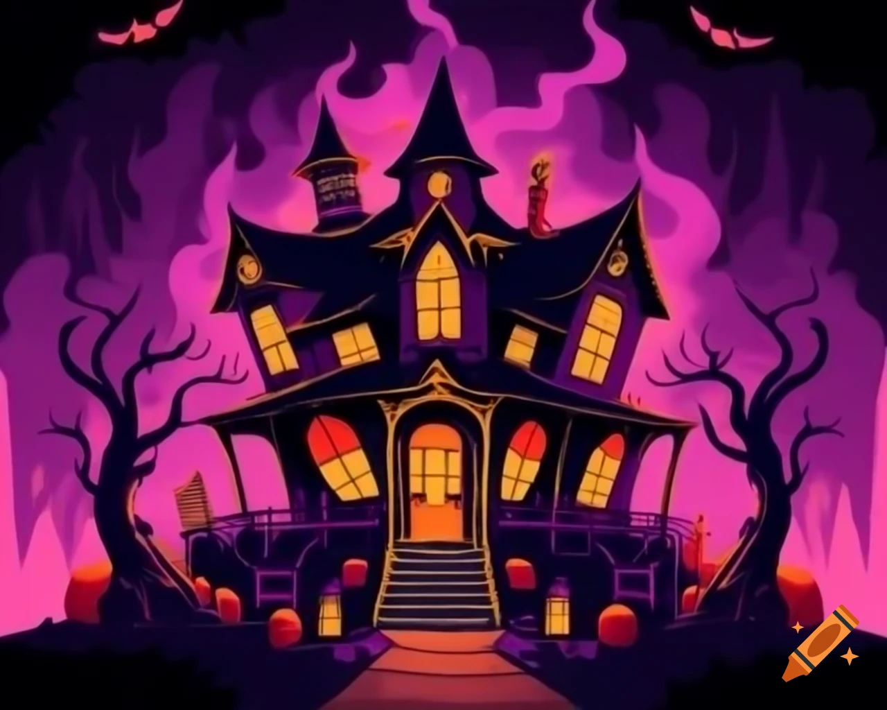 Haunted Halloween pumpkin house in red, purple, black, and gold cartoon style