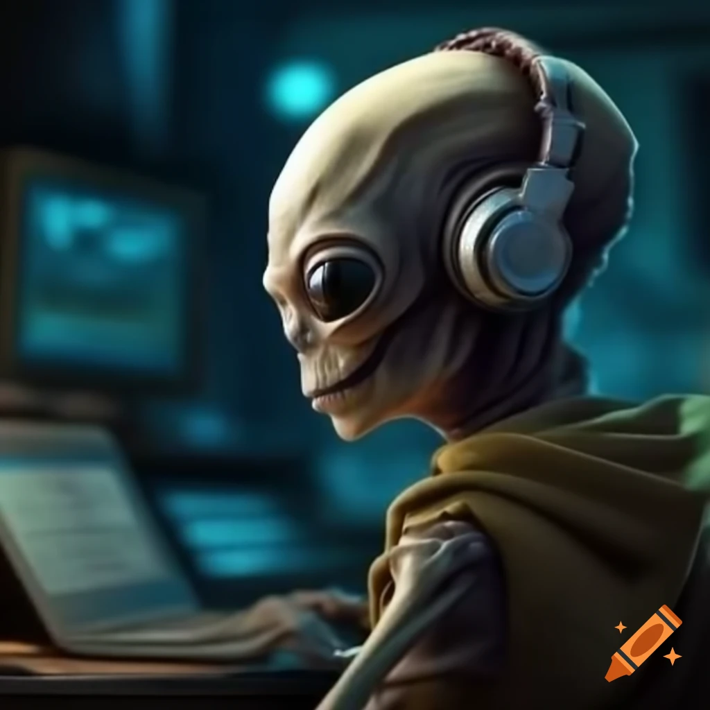 Alien character listening to music through headphones
