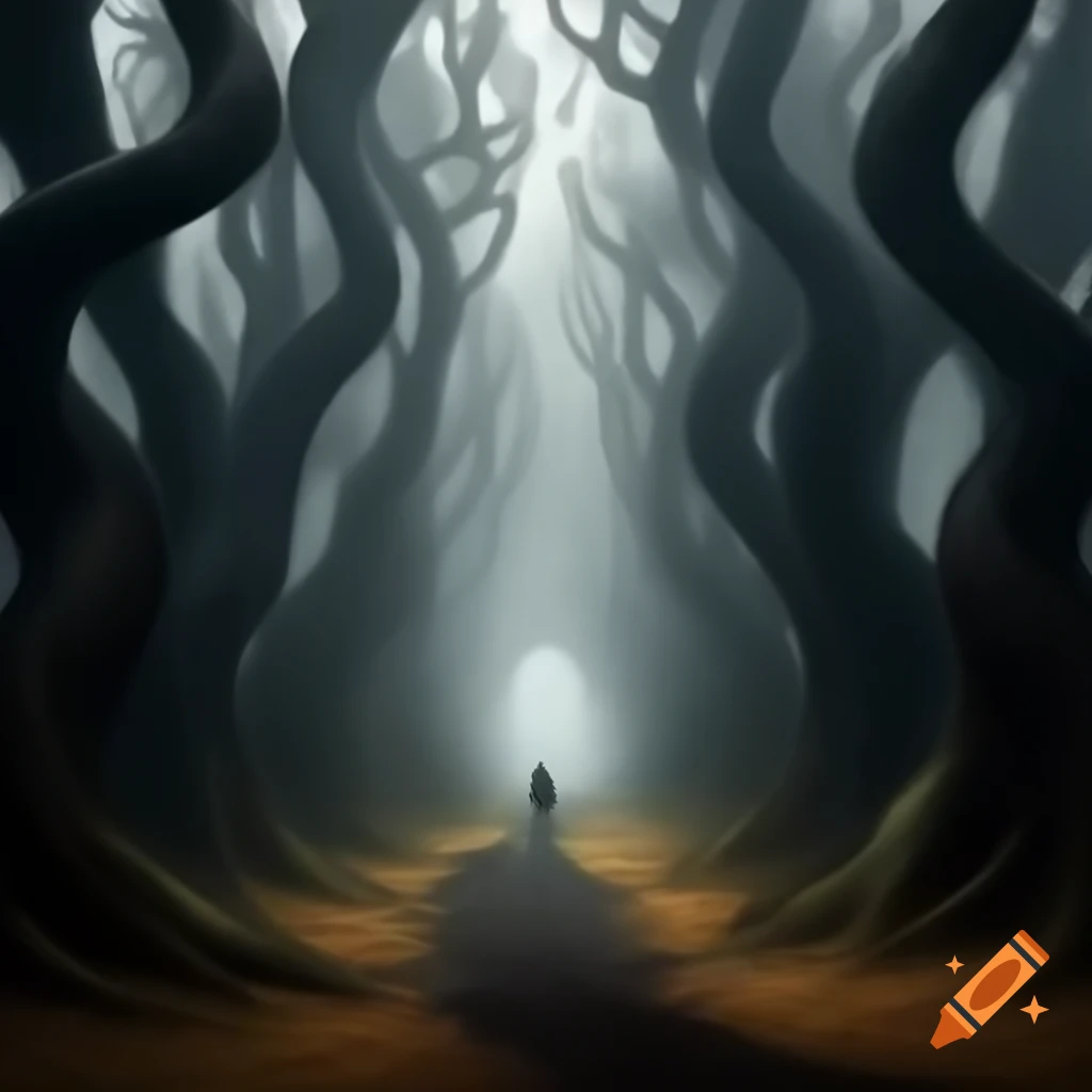 Mysterious foggy path leading up a hill with twisted trees and a small figure walking