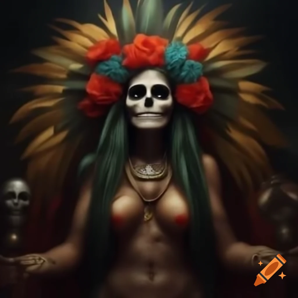 Full-body hyper-realistic Santa Muerte inspired by Aztec and Maya culture with feathered headdress and attire