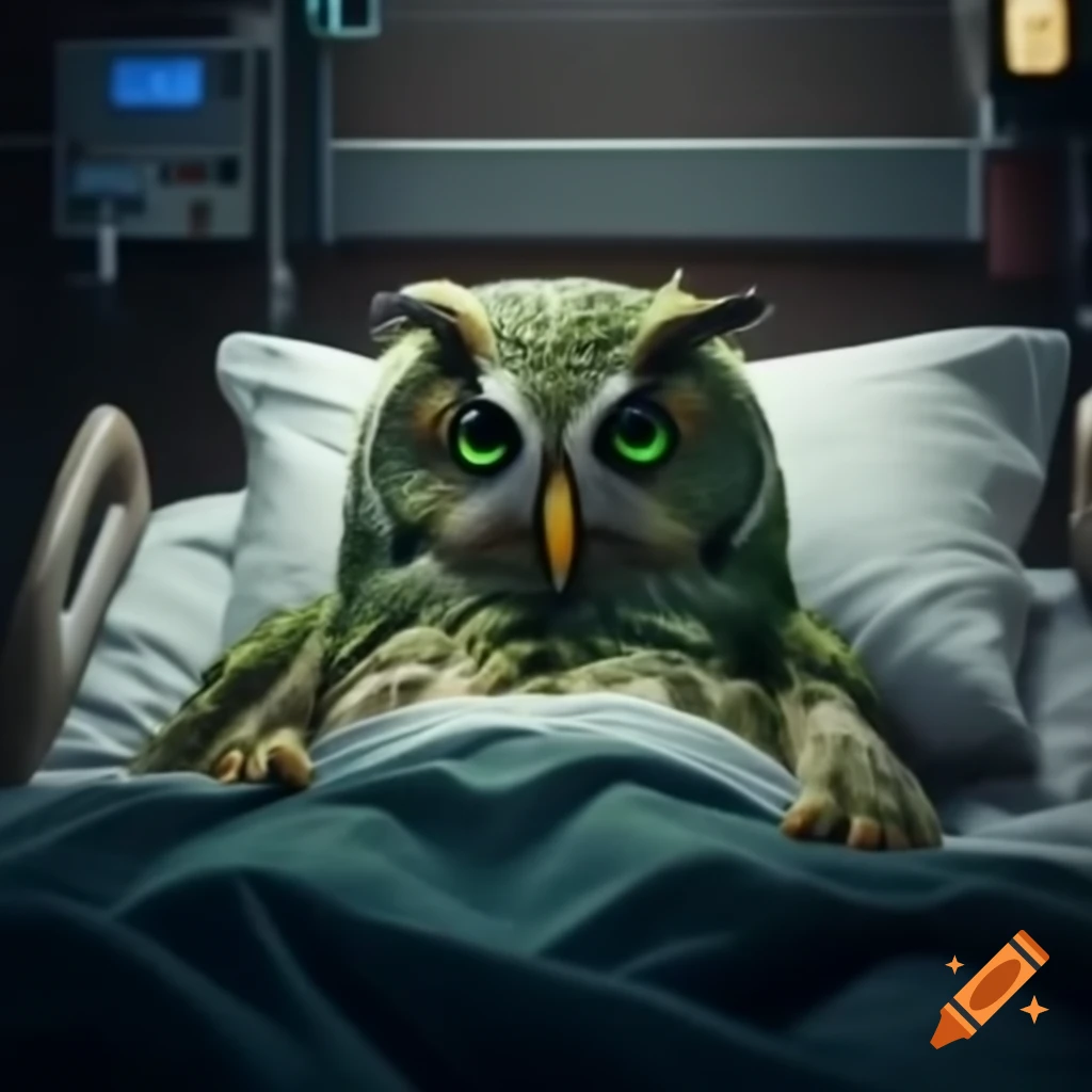 Owl lying in hospital bed, depicting care and recovery