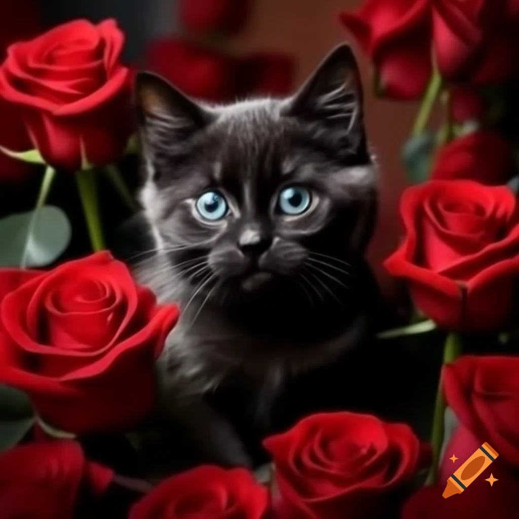 Black cat sitting among red roses