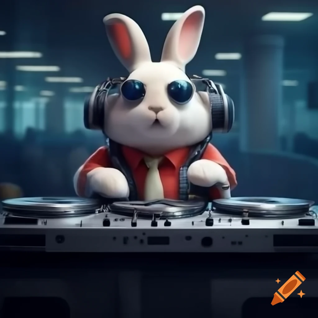 Cartoon rabbit DJing in airport departure lounge