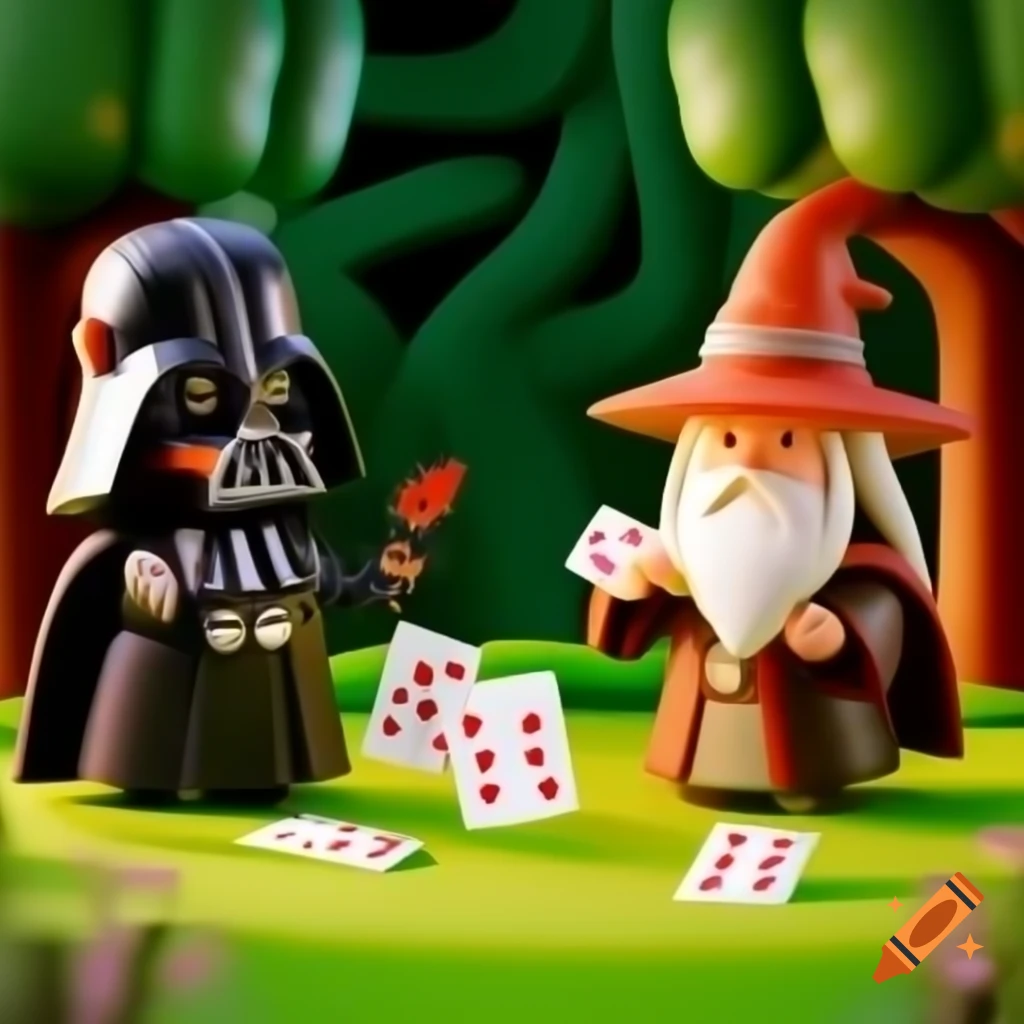 Darth Vader and Gandalf playing cards in park, kawaii 3D style
