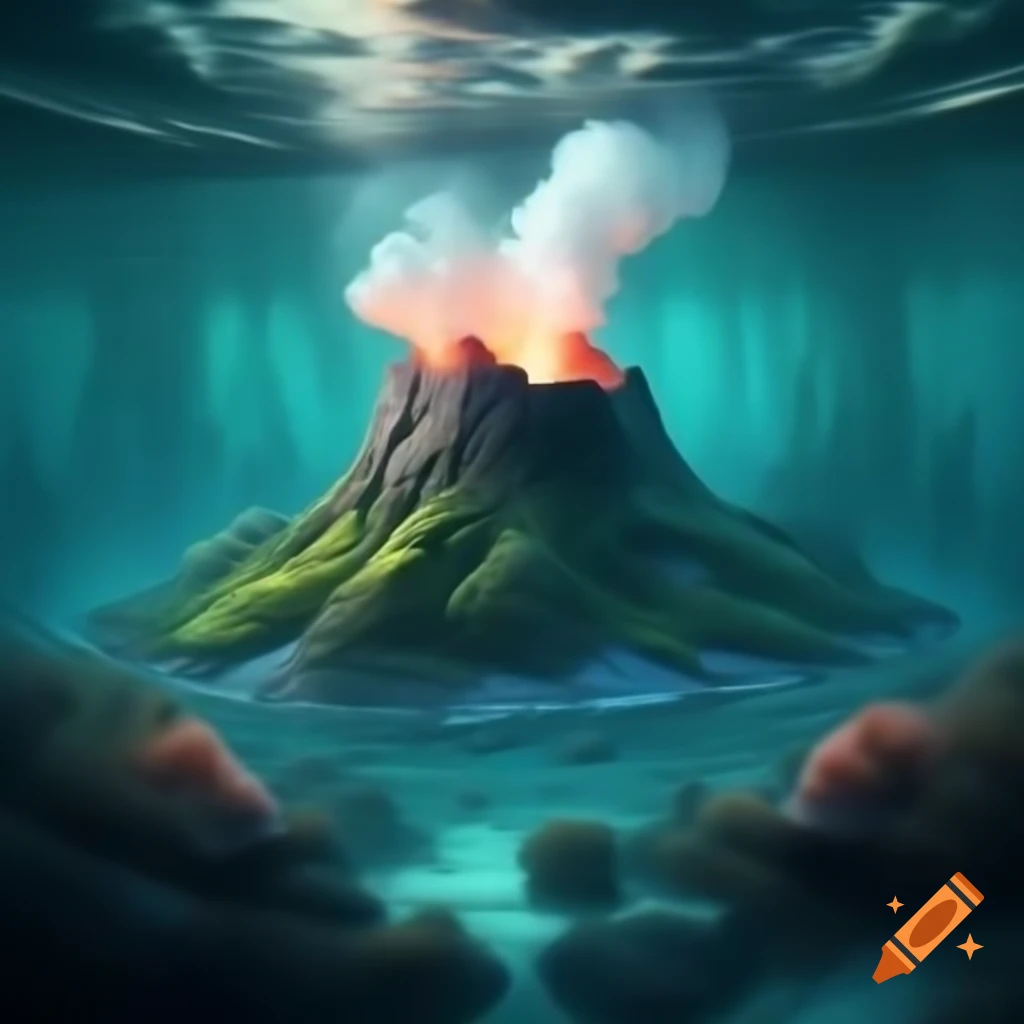 Steaming underwater volcano amidst coral gardens and hydrothermal vents