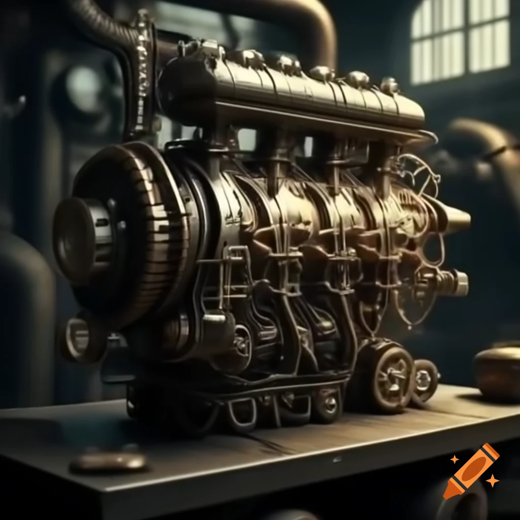 Steampunk V8 engine showcasing intricate mechanical design
