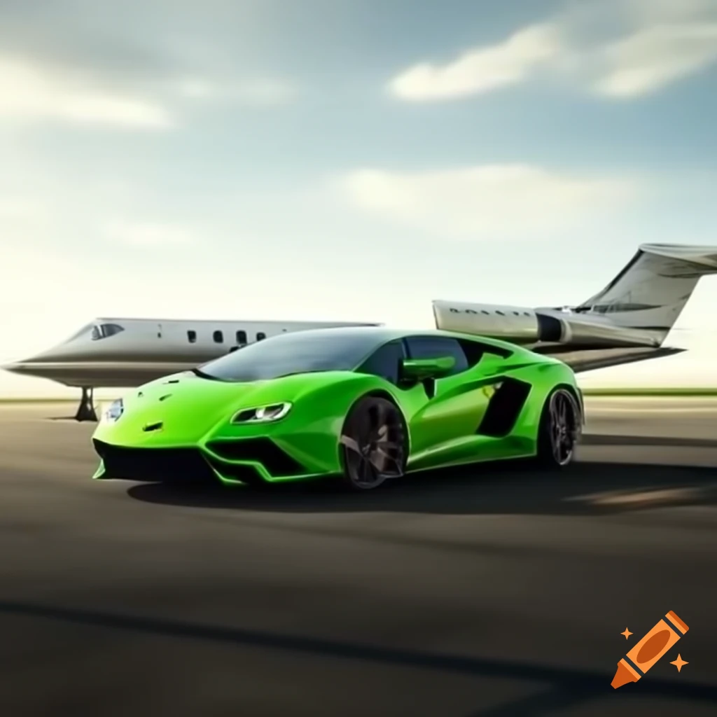 Lamborghini on runway with private jet in background