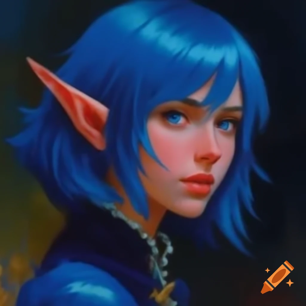 Retro pixel art portrait of blue-haired demi-elf in nomad village, Final Fantasy style