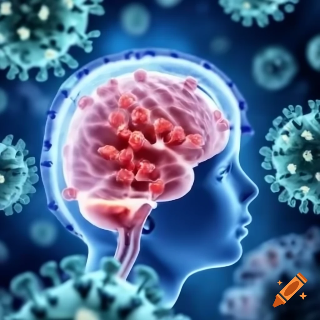 Representation of COVID-19 virus in front of a human brain