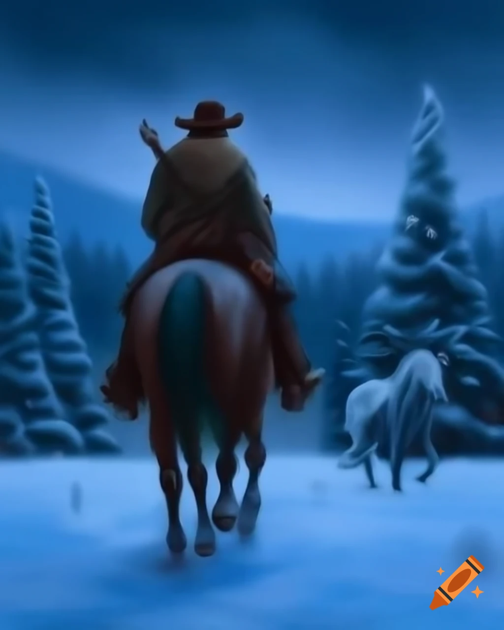 Cowboy riding grey horse in snowy field with Christmas tree lights during snowstorm, oil painting
