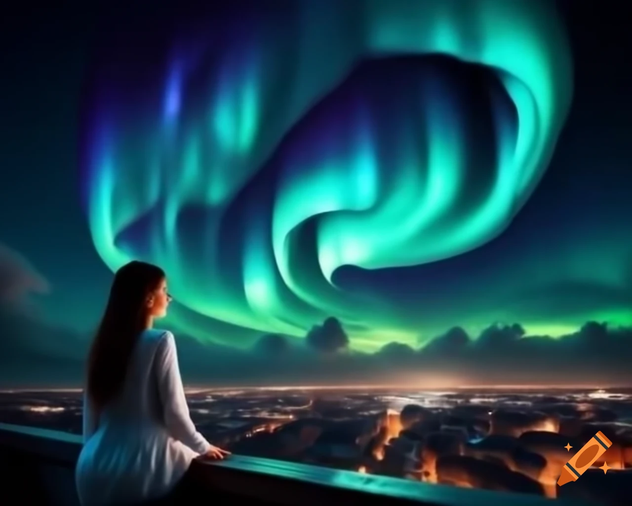 Woman on rooftop watching Northern Lights with blue and green lighting